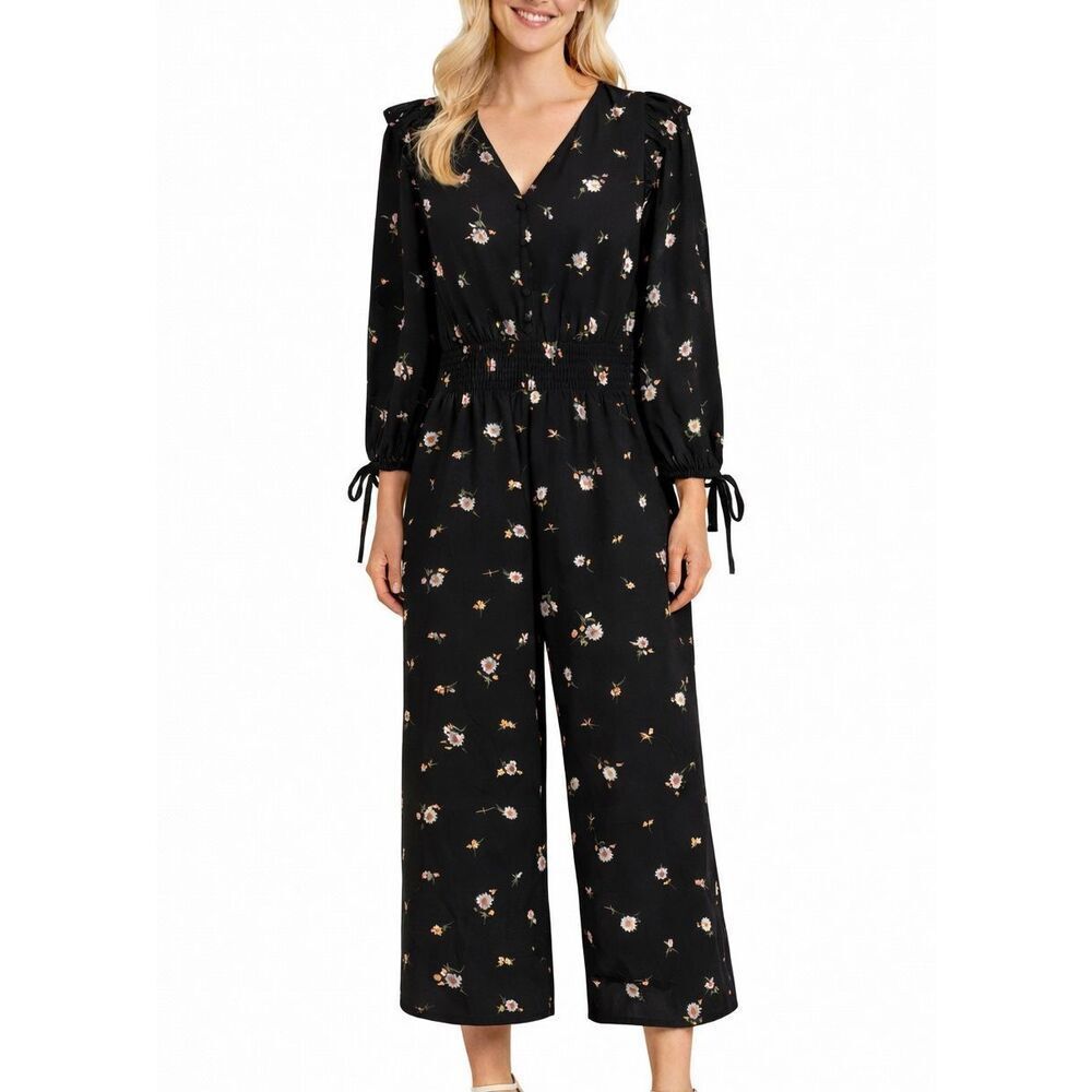 Ali & Jay black floral ruffled wide leg jumpsuit size M